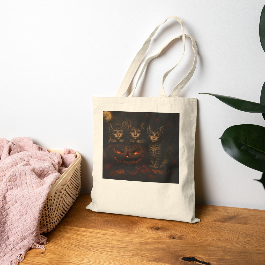 Halloween Cat Trio Canvas Tote Bag — Spooky Pumpkin & Kittens Reusable Shopper