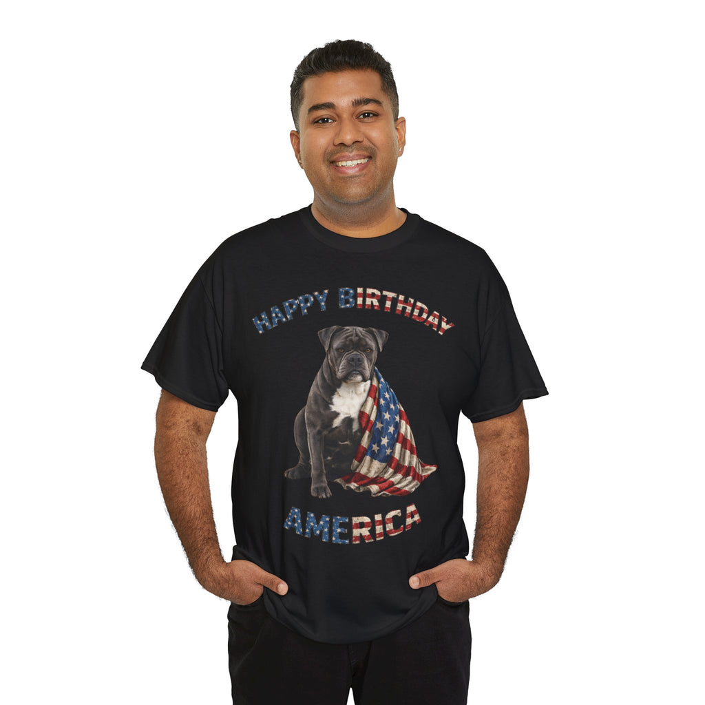 Happy Birthday America Dog Tee — Patriotic American Flag Bulldog T-Shirt