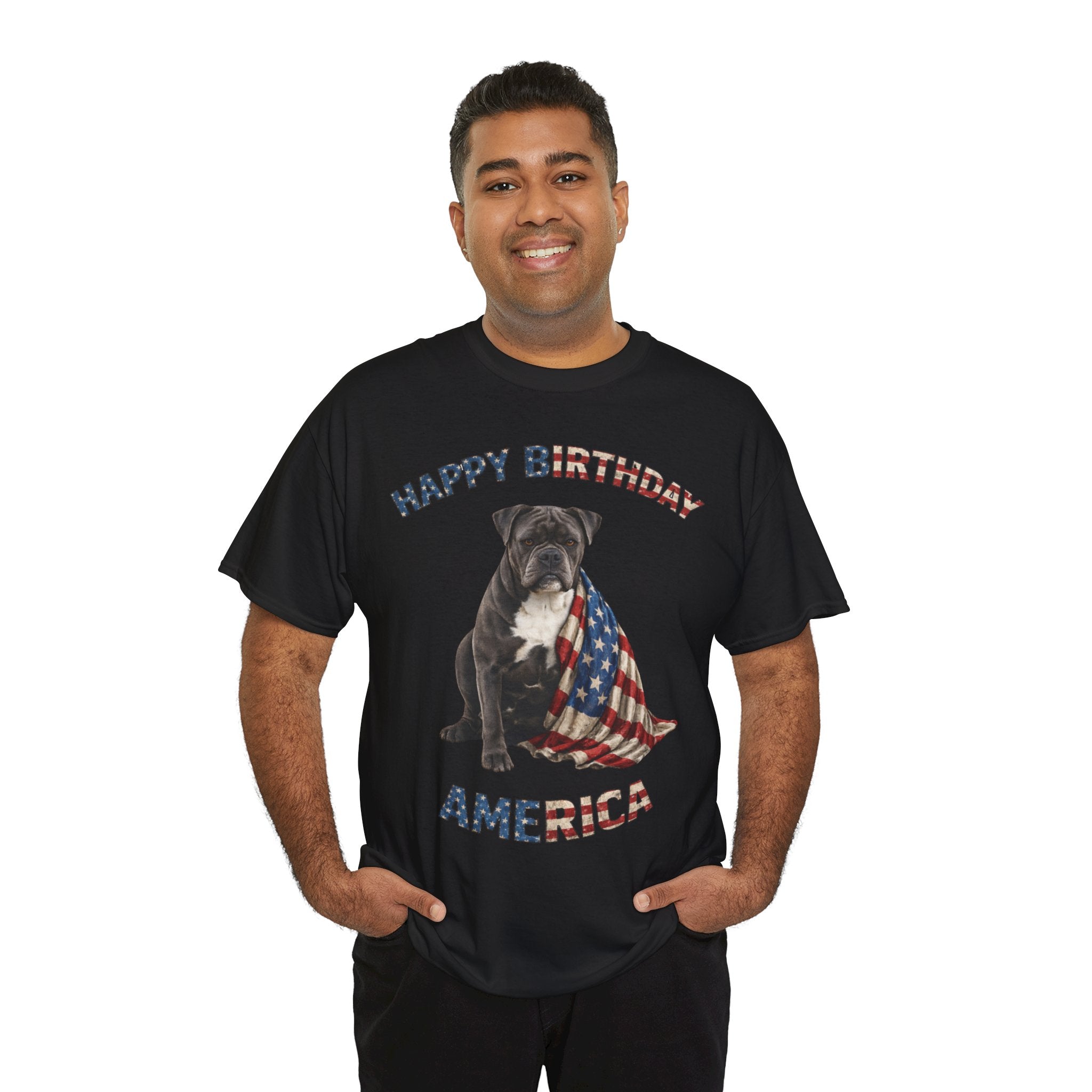 Happy Birthday America Dog Tee — Patriotic American Flag Bulldog T-Shirt