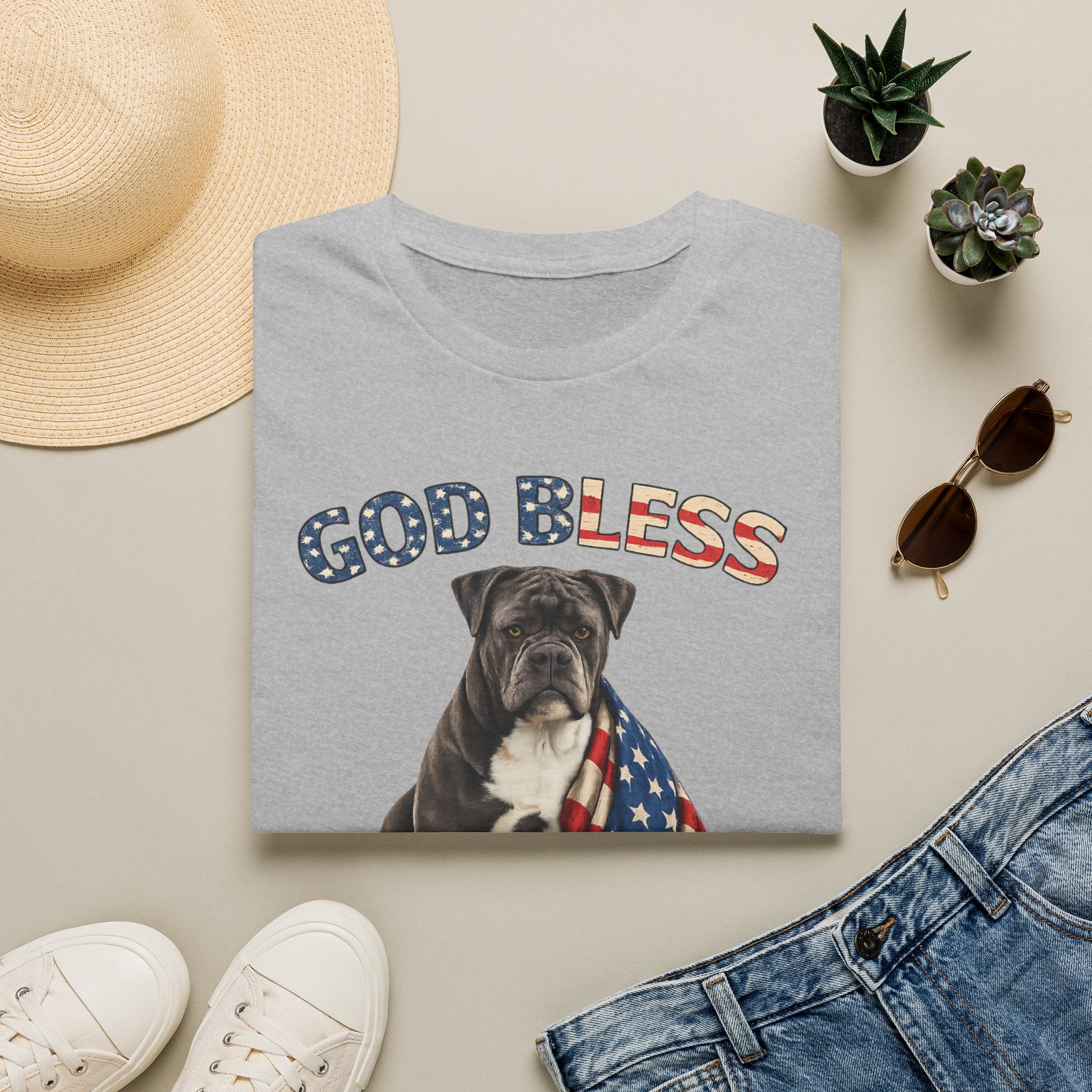 God Bless America Bulldog T-Shirt — Patriotic USA Flag Pup Tee