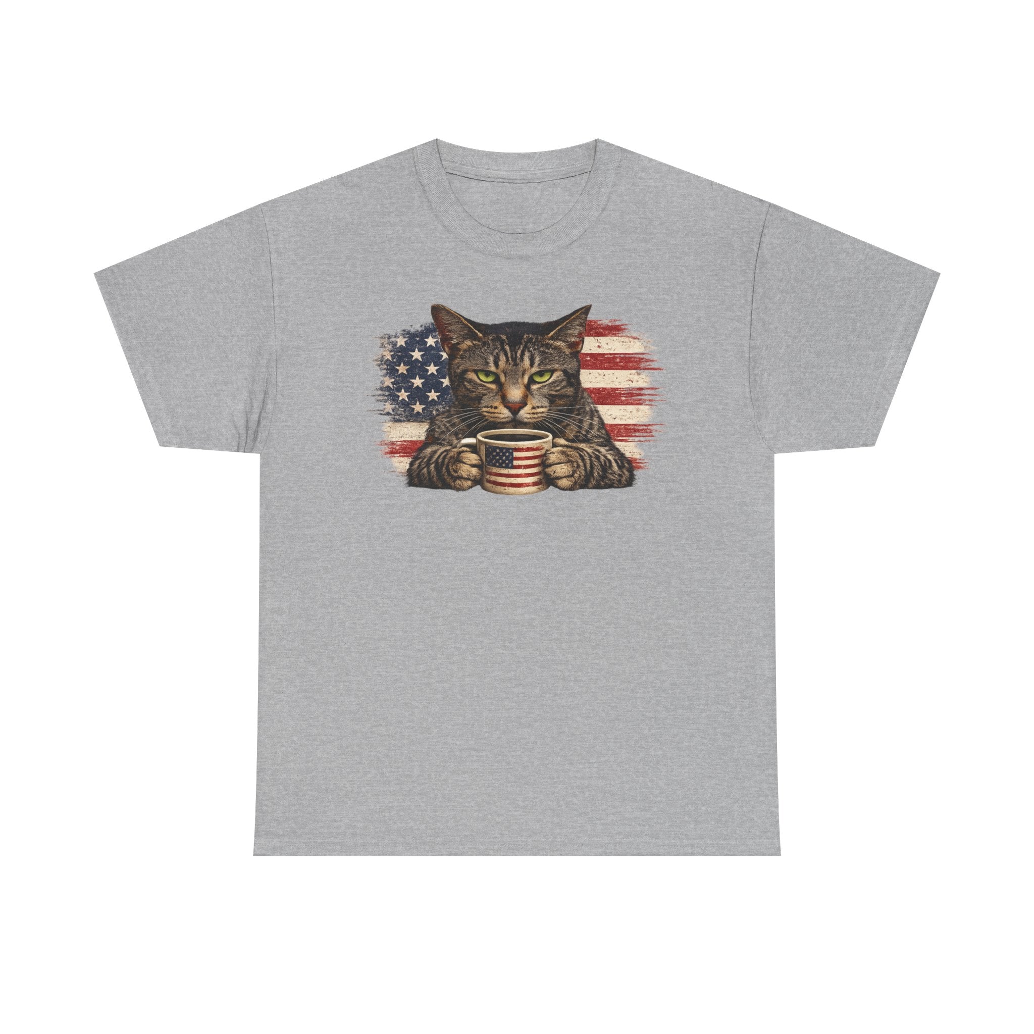 American Flag Cat T‑Shirt — Patriotic Kitten with Coffee Cup